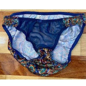 RARE 1980s VICTORIAS SECRET GOLD LABEL SATIN SHEER PAISLEY PANTIES BIKINI BLUE L